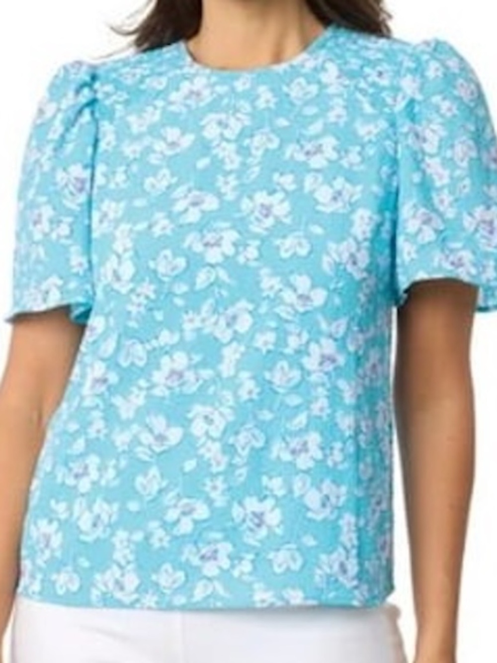 Draper James Womens Large Pullover Blouse Turquoise Blue White Floral Flutter Sl